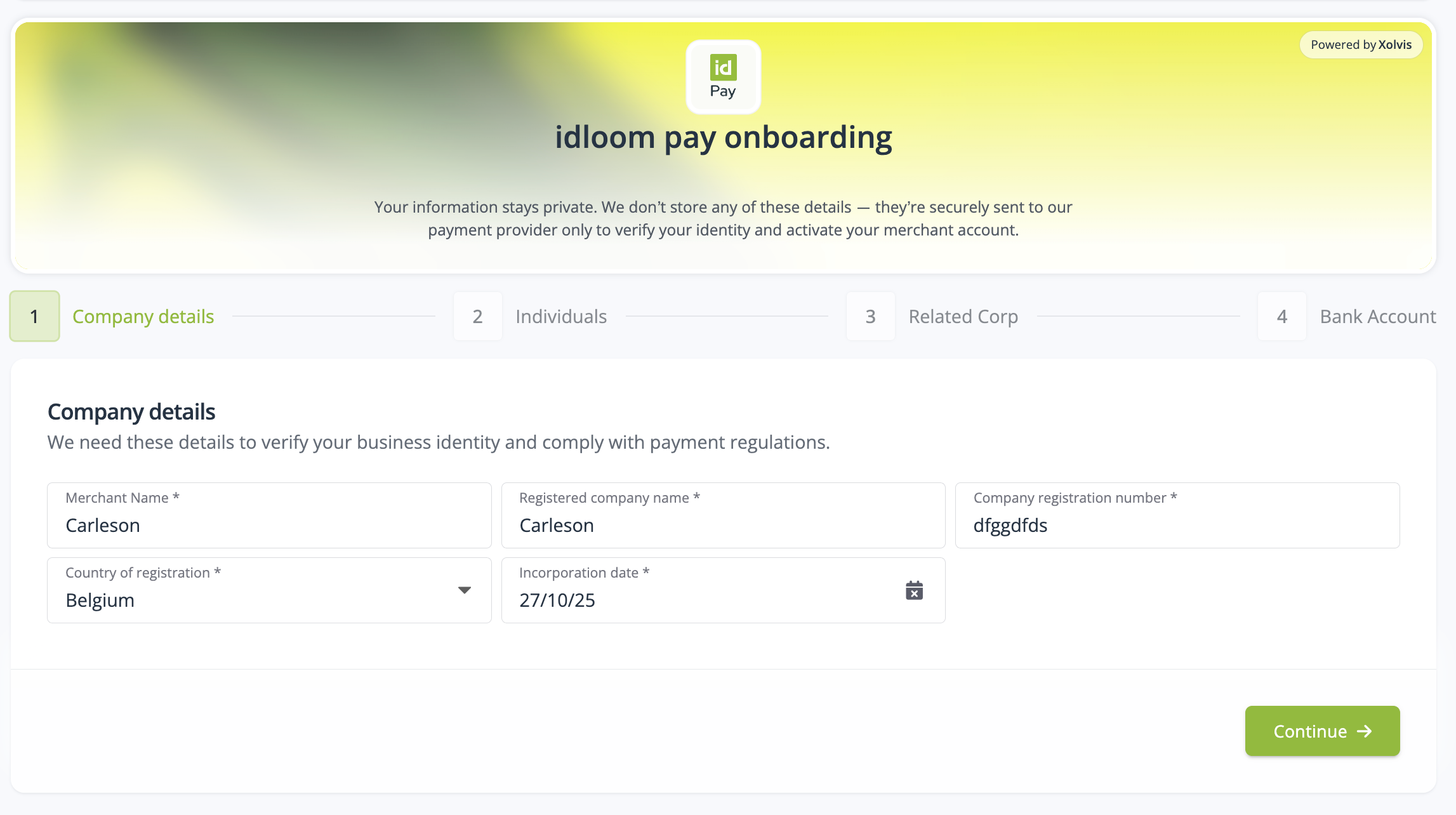 onboarding step 1 merchant account - idloom pay