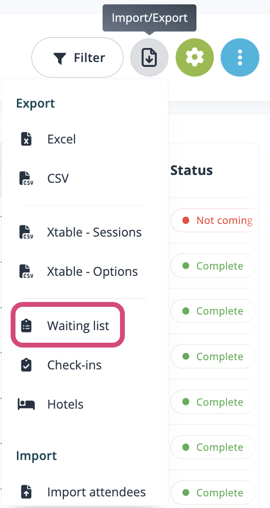 Select the Waiting list export.