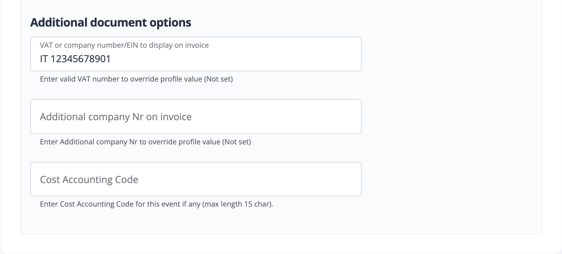 Set specific VAT number for an event