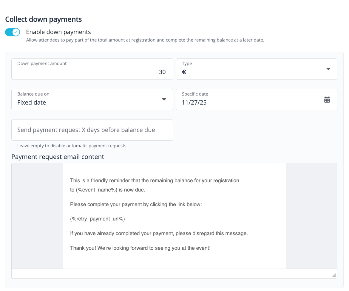 collecting down payments for event registrations