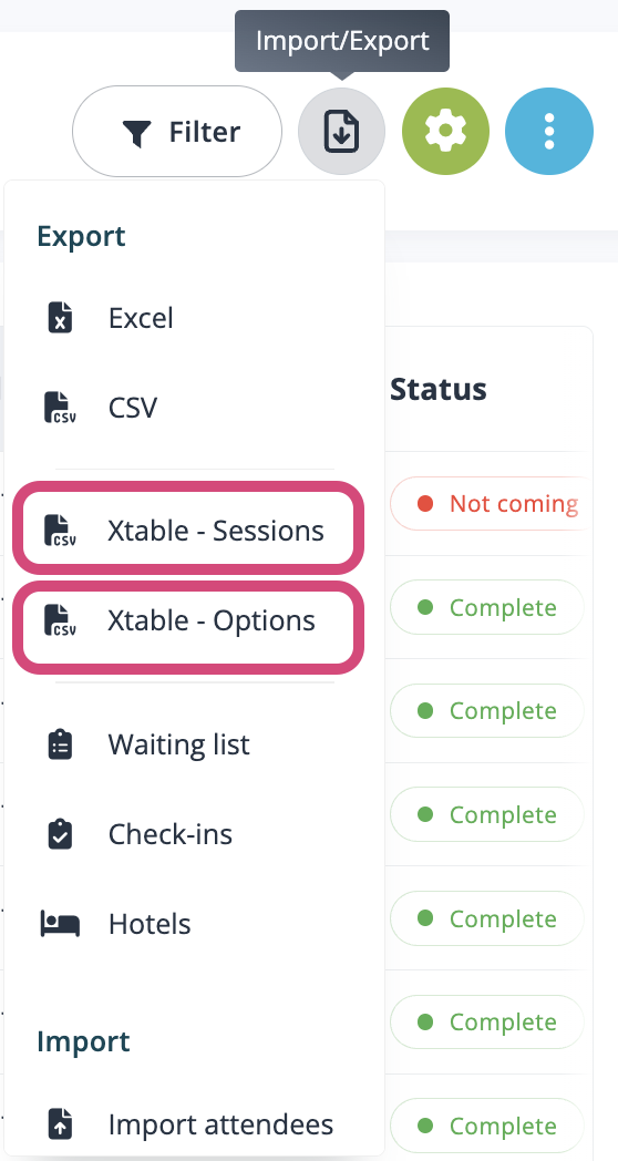 Sélectionnez les exports Xtable pour les options ou les sessions.