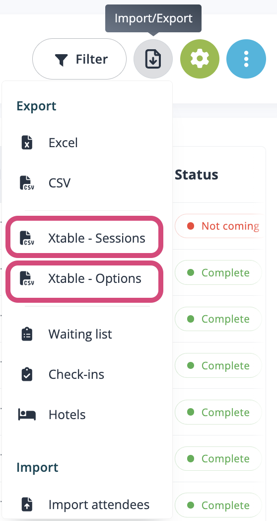 Select the Xtable exports for options or sessions.