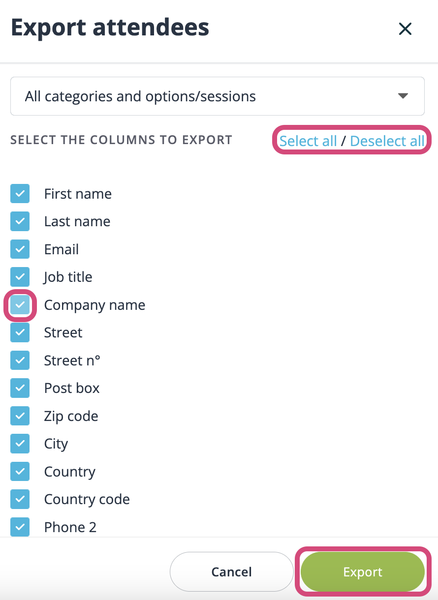 Sélectionnez les champs que vous souhaitez exporter, puis cliquez sur le bouton d'exportation.