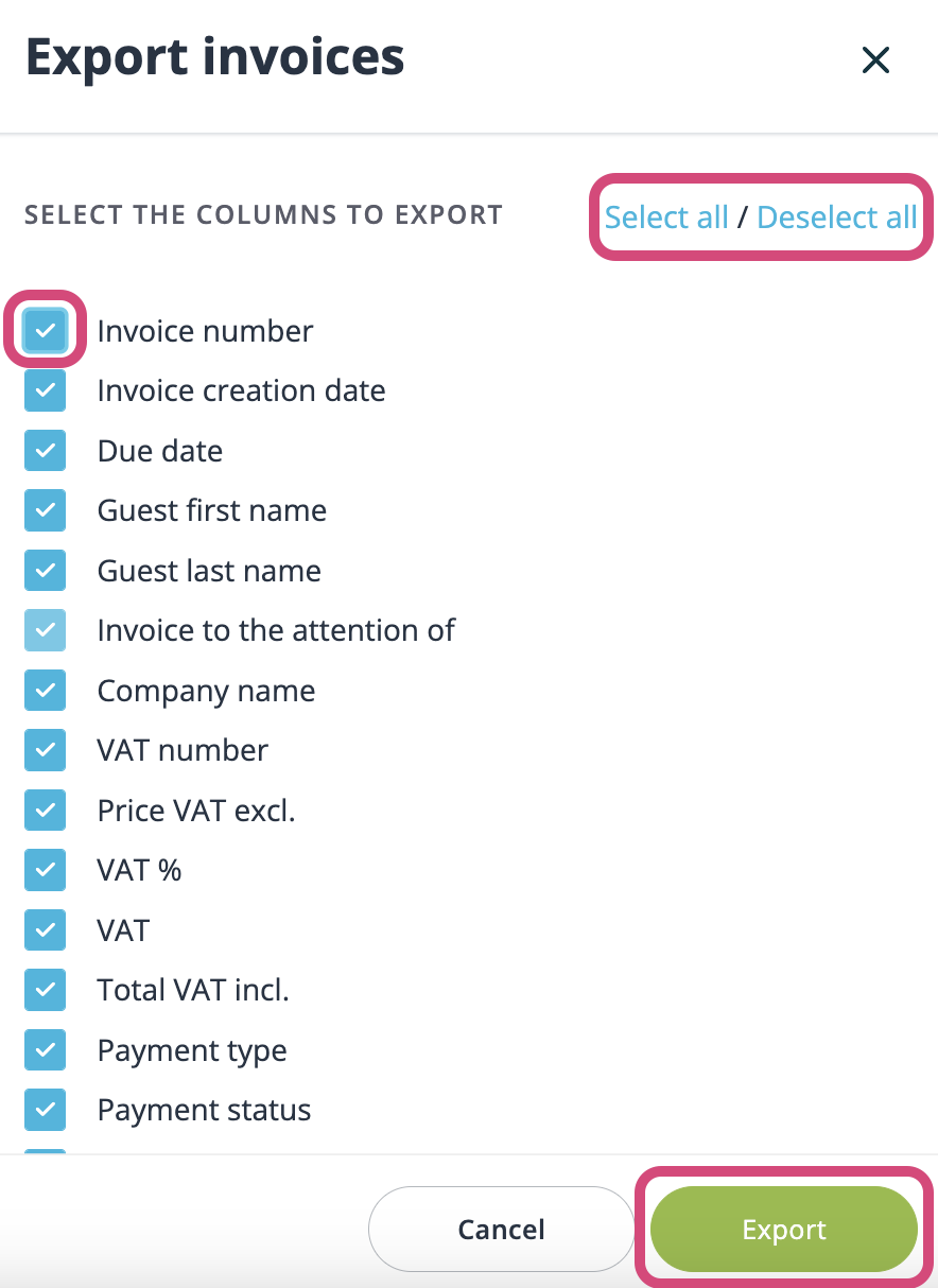 Click on the checkboxes next to the fields you would like to export. 