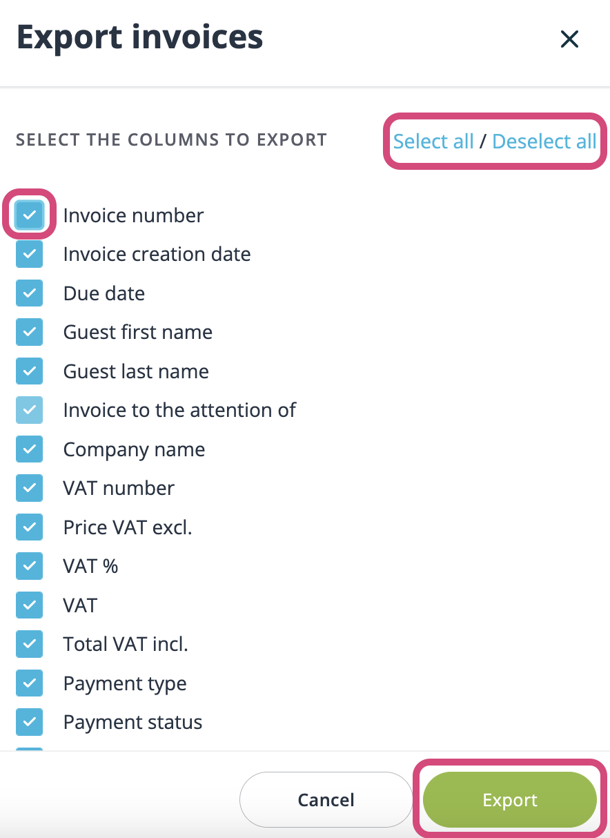 Klik op de selectievakjes naast de velden die u wilt exporteren.