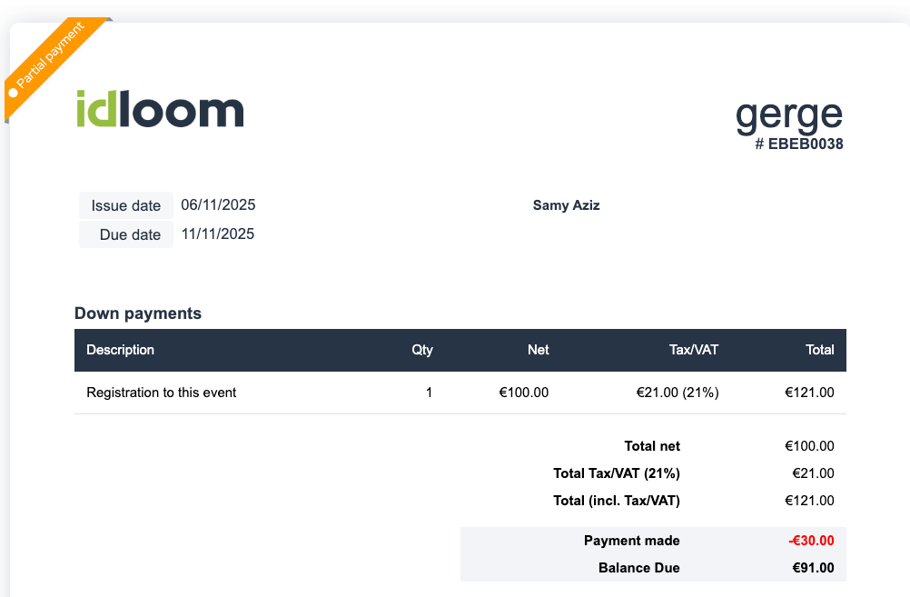 partially paid invoices in idloom event management software