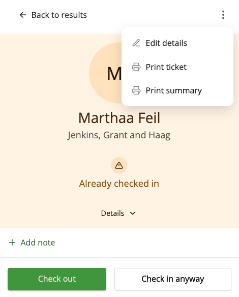 Check-in details of an attendee - idloom check-in