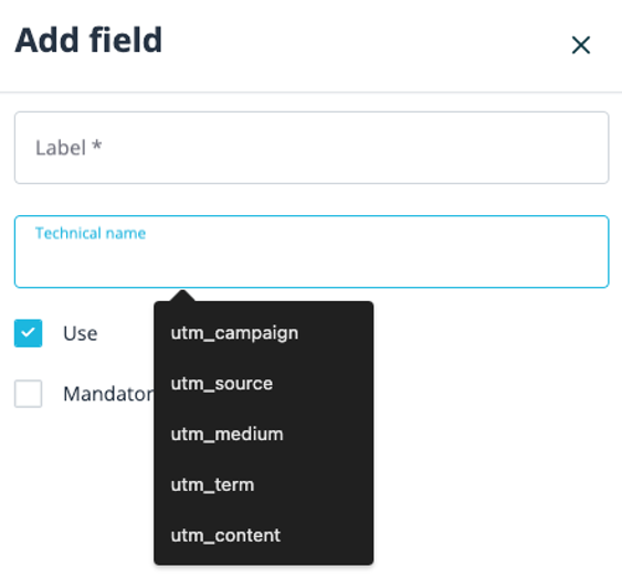 Hidden field label, technical names suggestions as list  (utm_campaign, utm_source, utm_medium, utm_term, utm_context)