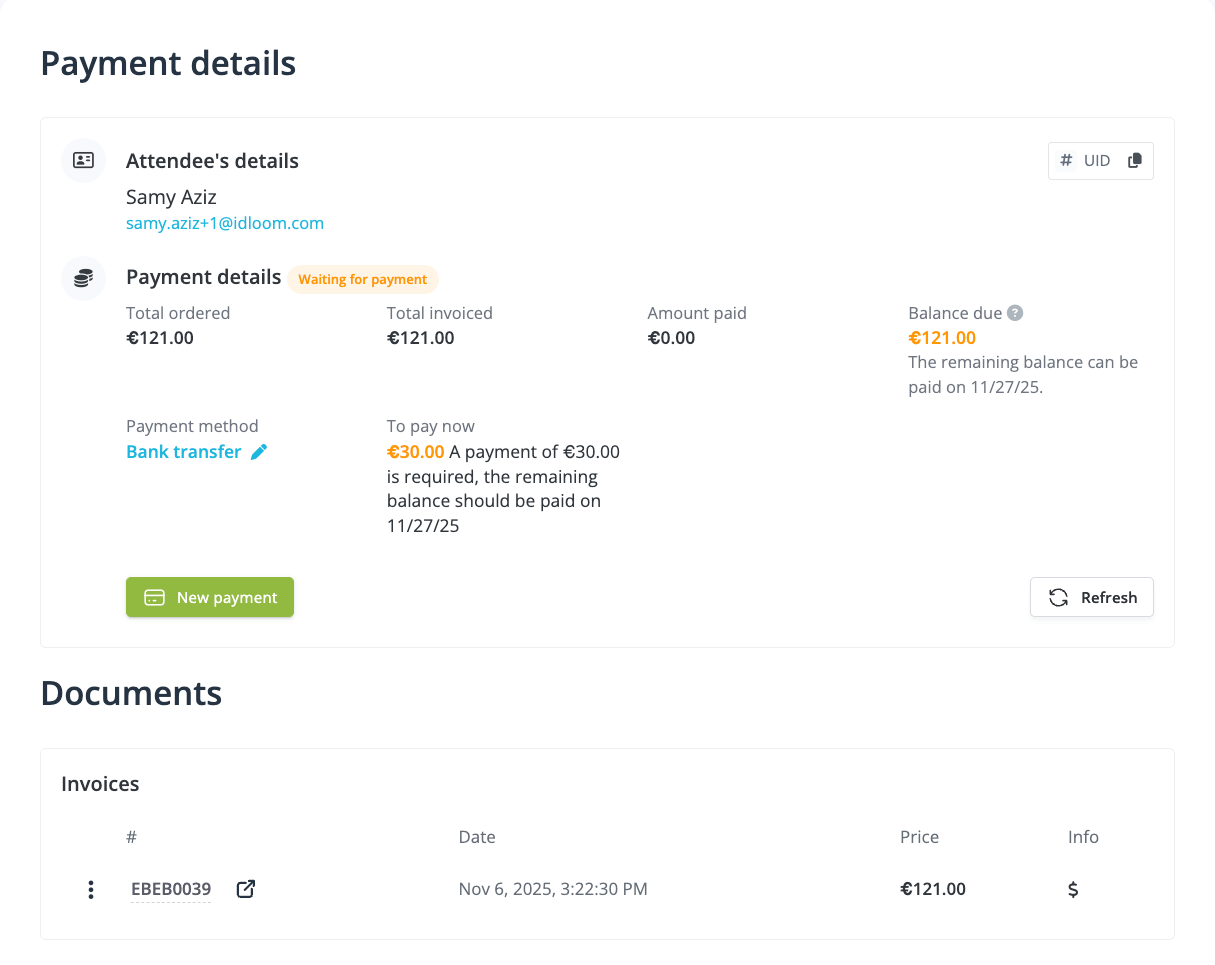 down payment information in attendee record