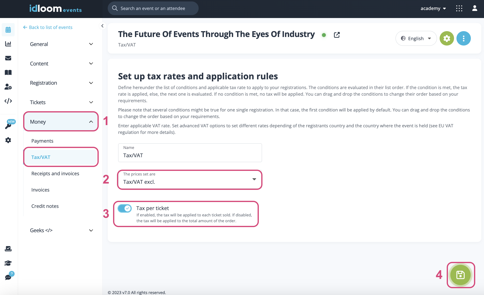 Setup a Tax per ticket in your Event.