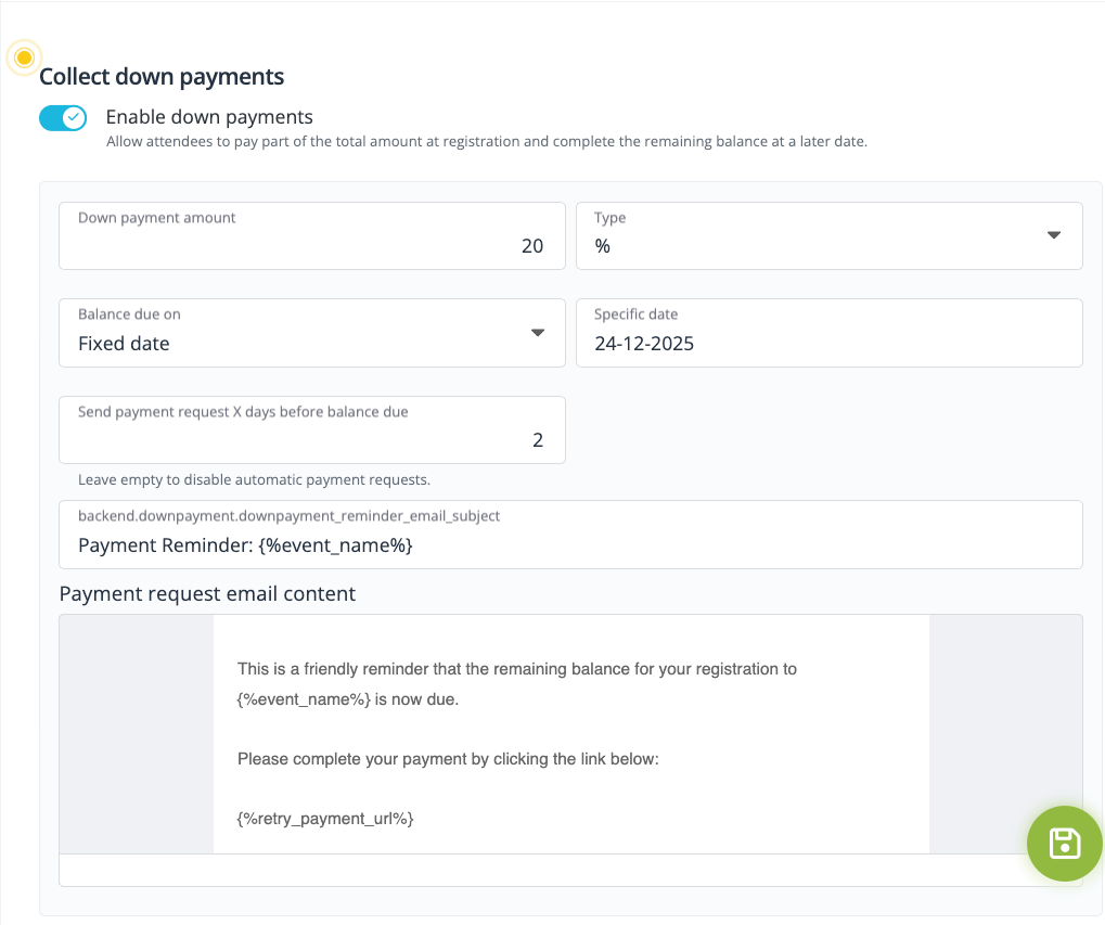 Collect down payments with idloom registration software